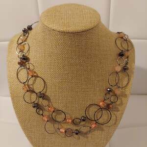 NY Pink and Dark Silver Tone Hoops and Beads Layered 34" Necklace